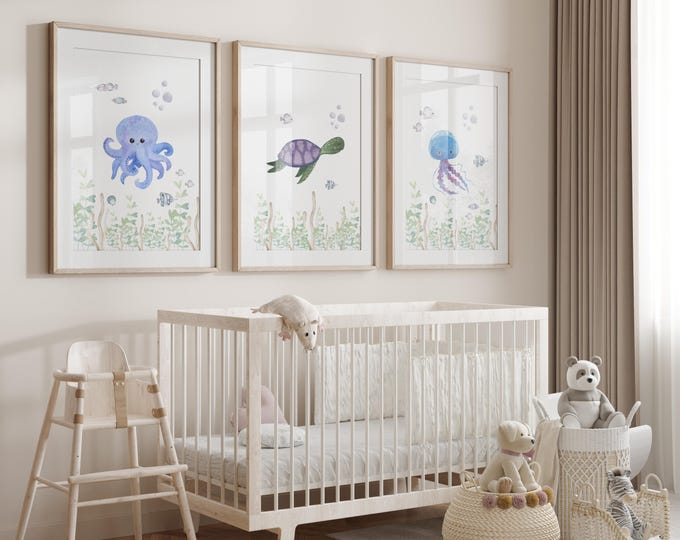 Under the sea nursery decor, under the sea nursery prints, Sea turtle, Jelly fish, octopus, Ocean nursery prints, set of 3 canvas prints