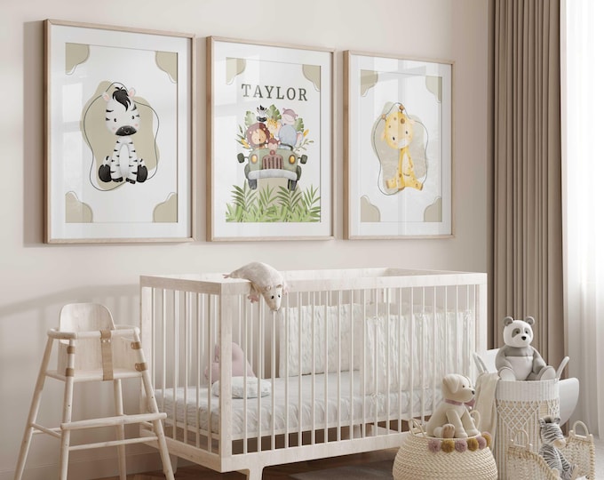 Safari Animal Nursery Decor, Jungle Nursery Wall Art Prints, Set of 3 Prints, Safari Truck Nursery Art Prints, Personalized Nursery Art