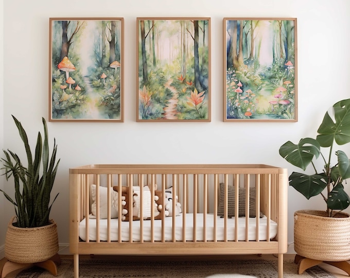 Enchanted forest nursery decor | Enchanted Forest nursery wall art prints | Set of 3 watercolor nursery prints | Mushroom Nursery Prints