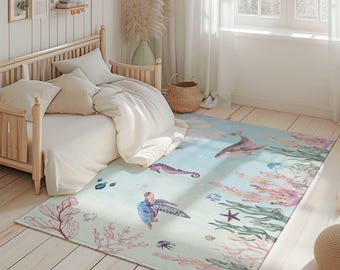 Under the sea Nursery Area Rug | Under the sea girl nursery decor | Baby Girl Nursery Carpet | Pink Ocean Play Mat | Kids Bedroom Area Rug