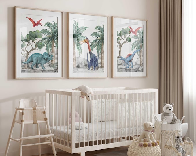 Dinosaur Nursery Wall Art Prints, Dinosaur Nursery Decor, Reptile Nursery Decor, Boy Dinosaur Nursery Decor, Set of 3 Nursery Prints, Green