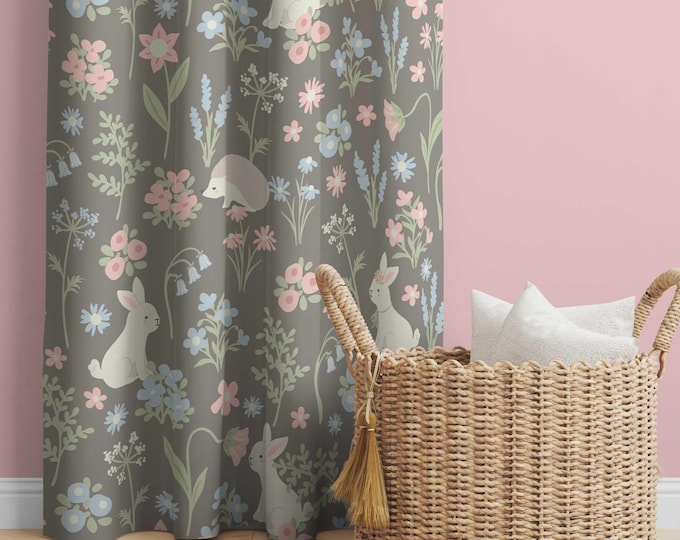 Bunny Rabbit and Hedgehog floral Nursery Window Curtains, Pink and Gray Window Drapes, Toddler girl Bedroom Curtains, Sweet Woodland Nursery