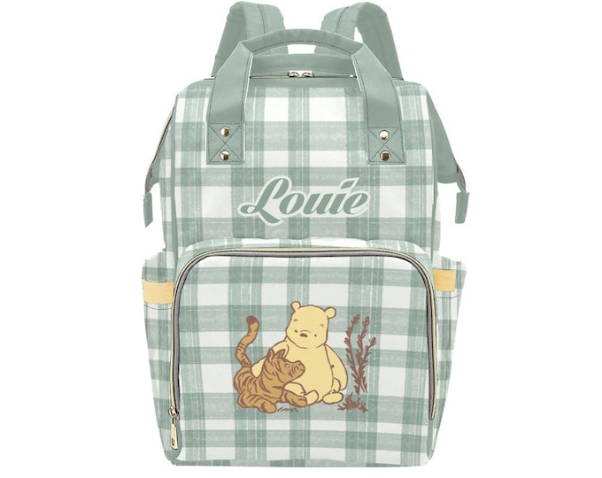 Winnie the pooh Backpack Diaper Bag, Green Plaid Diaper Bag, Personalized Boy Diaper Bag, Baby Shower Gift, Pooh Nappy Bag, Gender Neutral