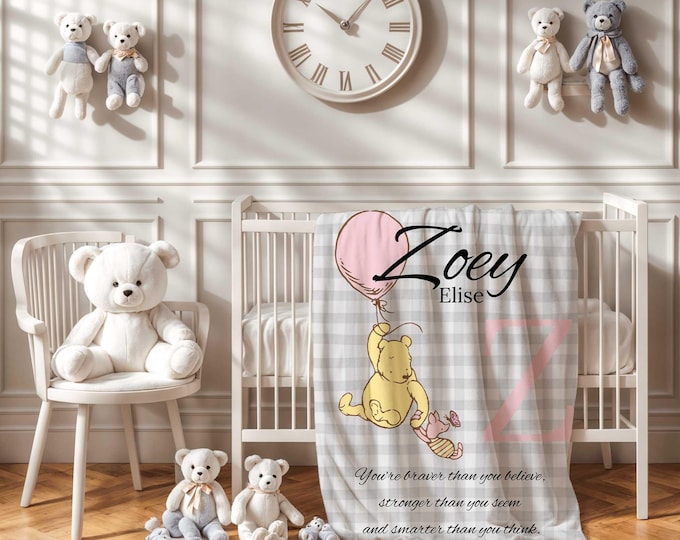 Personalized Winnie the Pooh Baby Blanket: Pink and Grey Plaid Nursery Decor