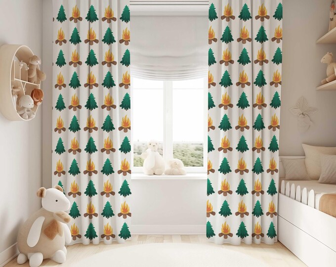 Camping Curtains for Nursery | Camp Fire and Pine Tree Nursery Window Curtains | Camping Drapes | Gender Neutral Drapes | Adventure curtains
