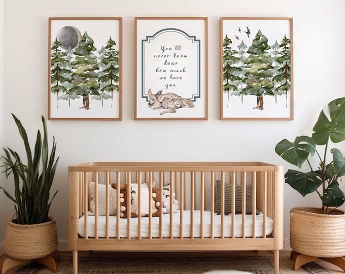 Deer Family Watercolor Nursery Prints: Woodland Pine Tree Set