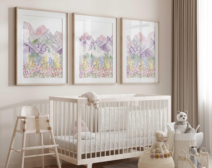 Wildflowers & Mountains nursery wall decor, Mountain nursery prints, Mountain Nursery Decor, Set of 3 prints, Baby Girl Nursery, Baby Gift