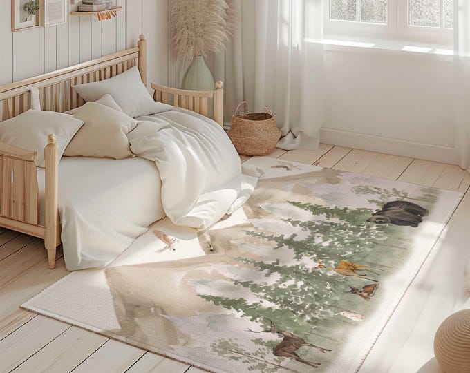 Mountain nursery & kids bedroom area rug, Forest animal nursery rug, kids bedroom carpet, Brown Mountain nursery rug, Mountain nursery decor