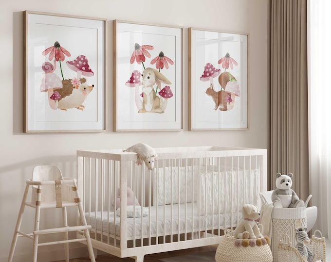 Mushroom Wildlife nursery decor, whimsical nursery prints, Forest animal nursery decor, Pink nursery decor, set of three girl nursery prints