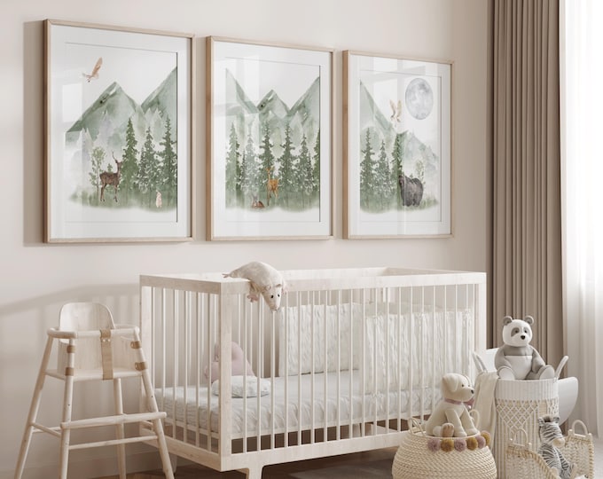 Mountain Nursery Art Prints, Mountain Nursery Decor, Woodland Nursery Decor, Woodland Animal Nursery Prints, Set of 3 canvas prints, green