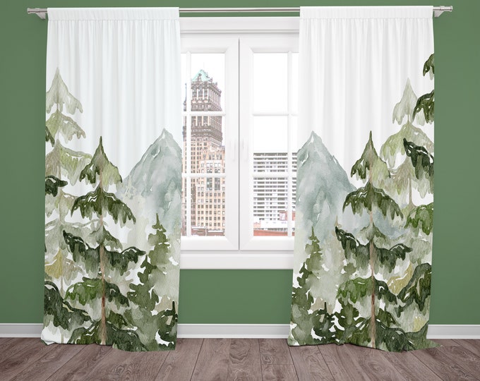 Mountain Nursery Curtains | Mountain and Forest Nursery Room Decor | Kids Bedroom Curtains | Mountain Window Drapes | Black Out Curtains
