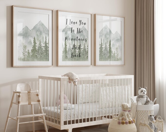 Mountain Nursery Wall Art Prints, Woodland Nursery Decor, Mountain nursery decor, Boy Nursery wall decor, I love you to the mountains back