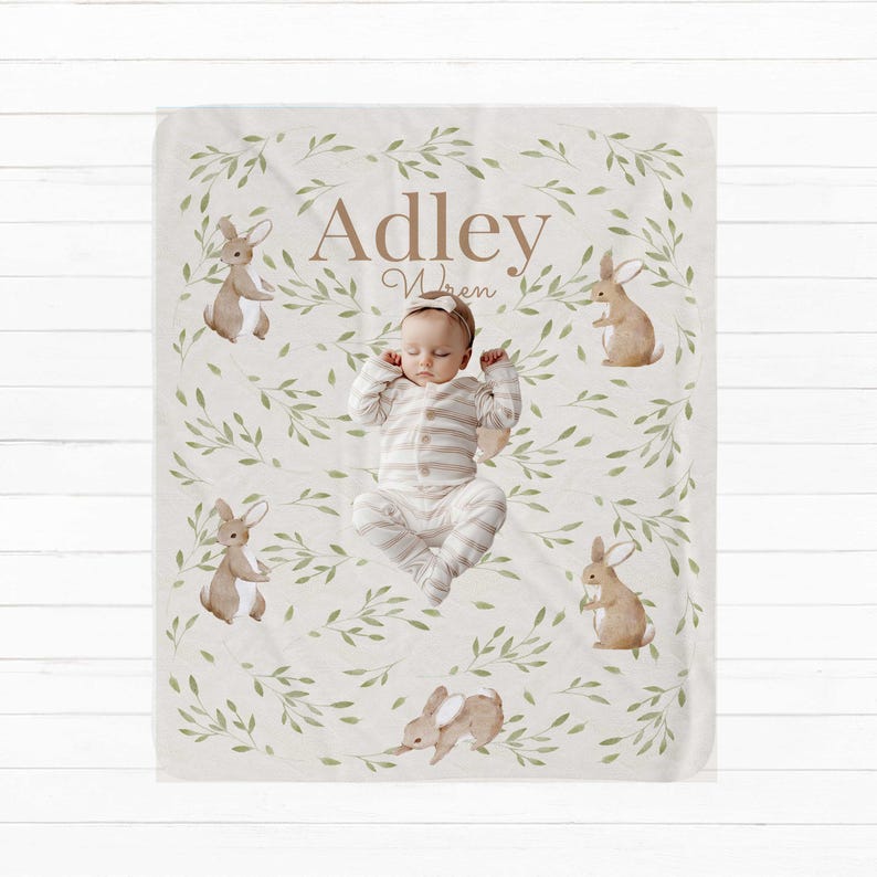 Personalized Bunny Rabbit Baby Blanket, Velveteen Rabbit Nursery Theme, Bunny Baby Blanket, Baby Girl Crib Blanket, Custom Baby Shower Gift