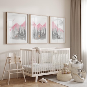 Déco montagne rose et grise | Impressions chambre de bébé fille | Décoration murale rose pour chambre de bébé | lot de trois affiches pour chambre d'enfant sans cadre | Montagnes roses