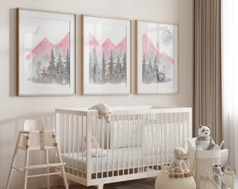 Pink & gray mountain nursery decor | Girl nursery prints | Pink nursery wall decor | unframed set of three nursery prints | Pink Mountains