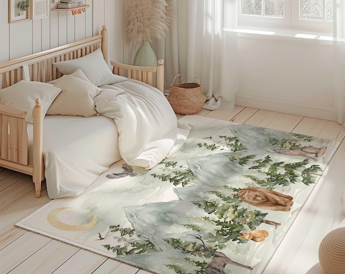 mountain nursery area rug, woodland nursery rug, animal nursery area rug, carpet for kids' bedroom, mountain nursery decor, Woodland rug