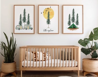 Little Explorer Nursery Wall Art Prints - Set of 3 with RV camper, tent, pine trees - Adventure Kids room Decor - Camping Nursery Print