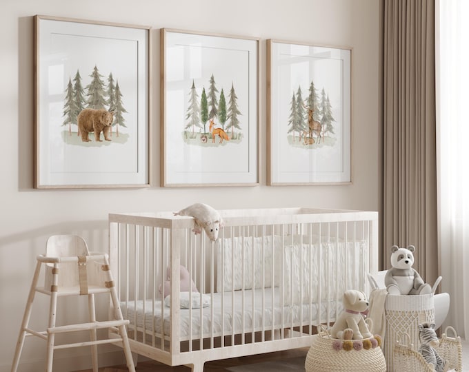 Woodland Animal Wall Art Prints, Forest Nursery Prints, Forest Nursery Decor, Woodland Nursery, Bear, Fox, Deer Nursery Decor, Baby Gift