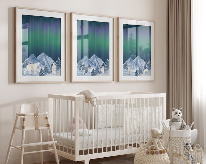 Arctic Mountain Nursery Decor, Northern Lights nursery wall art prints, Arctic Animal Prints, Aurora Borealis Wall Art, Arctic Animal Prints