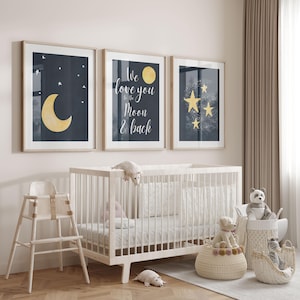 Moon and Stars Nursery Print Set: Navy & Yellow Celestial Wall Art