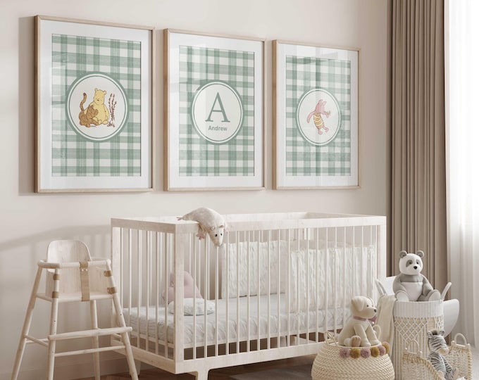 Winnie the Pooh nursery art prints, Green Plaid nursery decor, Personalized Nursery Decor, Set of 3 prints, Gender Neutral Nursery, Gift
