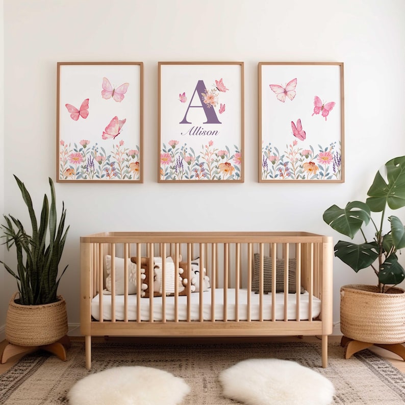 Personalized Butterfly Nursery Prints: Set of 3 Floral Wall Art - Etsy