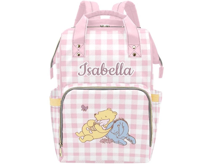 Winnie the Pooh Diaper Bag Backpack: Pink Plaid, Personalized