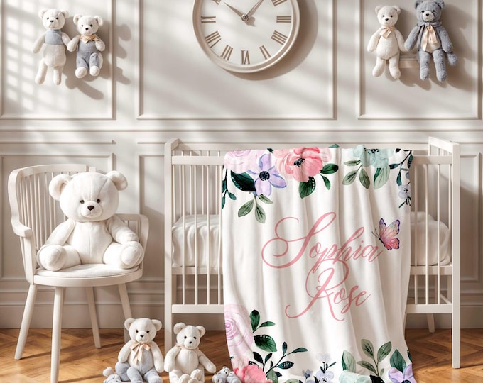 Personalized Floral Baby Blanket, pink and teal floral Nursery Decor, Baby Girl soft Blanket, Baby Shower gift,  Purple Floral baby blanket