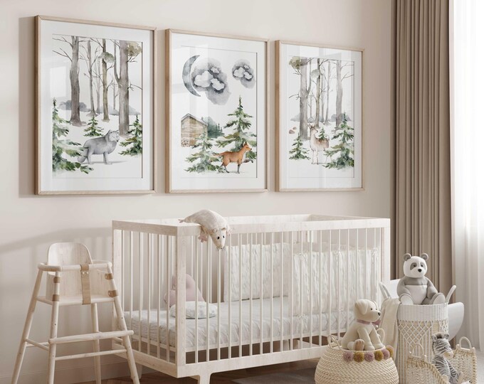 Cabin in the woods nursery wall art prints, Woodland nursery decor, Wolf Fox and Deer Nursery Prints, Set of 3 Nursery Prints, Boy Nursery
