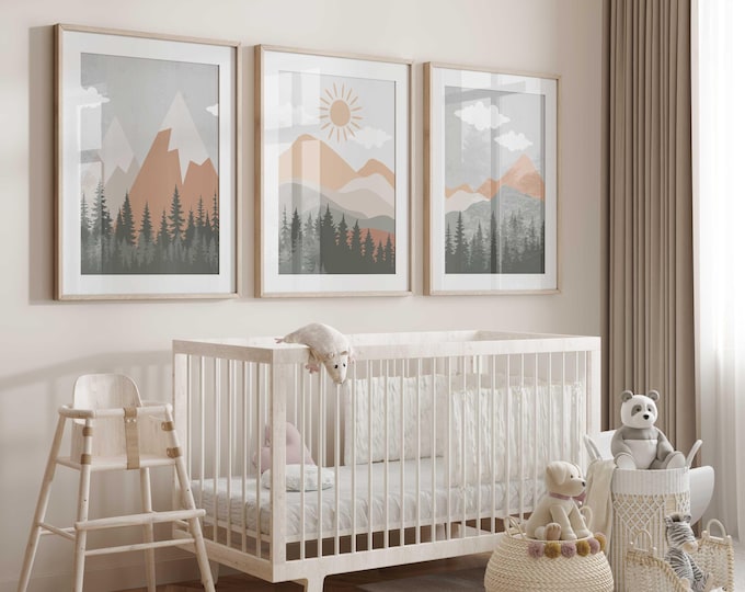 Mountain Scenery Nursery Prints: Set of 3 Forest Wall Art