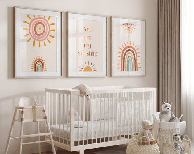 Sunshine Rainbow Nursery Prints: Boho Wall Decor, Set of 3