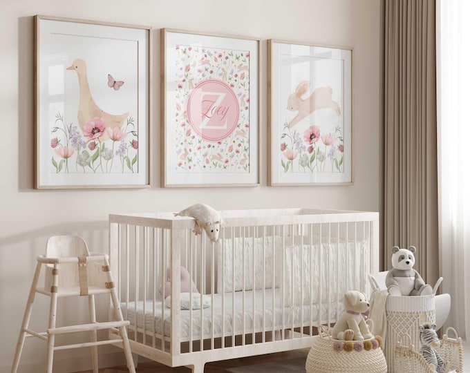 Bunny and Goose Wildflower Garden Nursery Print Set: Pink Floral Baby Girl Decor
