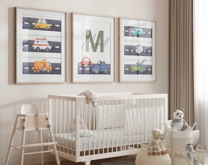 Personalized Cars and Trucks Nursery Wall Art Prints, Transportation Nursery Decor, Cars and Roads Nursery Prints, Baby Boy Nursery Decor