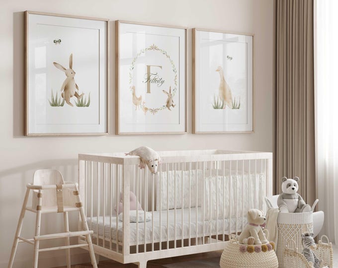 Personalized Goose and Hare nursery wall decor, Storybook Nursery Prints, Goose and rabbit nursery wall art, Set of 3 prints, Gender Neutral