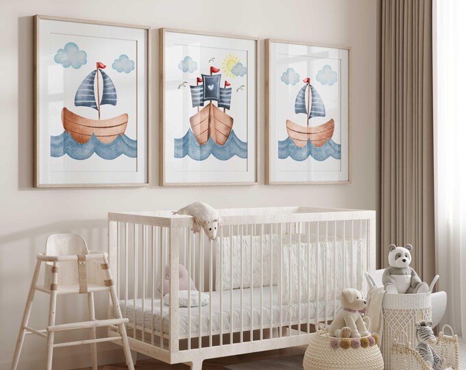sailboat nursery prints, ocean nursery decor, Boy Nursery Prints, Set of three nursery canvas prints, Blue and White, Sailing nursery decor