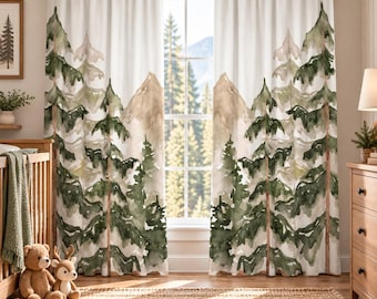 May include: A pair of floor-length white curtains featuring a watercolor print of green pine trees and tan mountains. The fabric panels hang from a wooden rod, displaying a continuous forest landscape design across the two window coverings.
