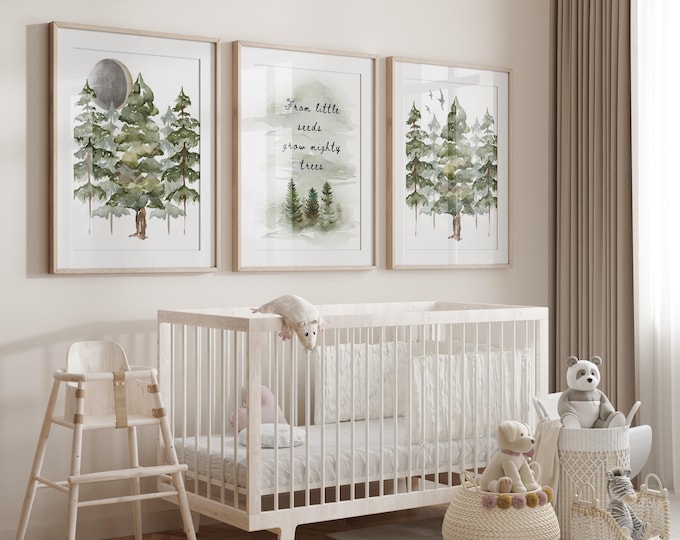 Pine Tree Nursery Prints: Woodland Animals, Inspirational Quote, Set of 3