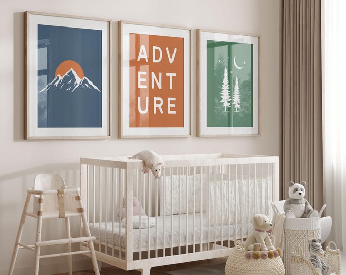 Adventure Nursery Decor, Adventure Nursery Prints, Mountain Nursery Decor, Forest Nursery Wall Art, Pine Trees and Mountains, Set of 3 Print