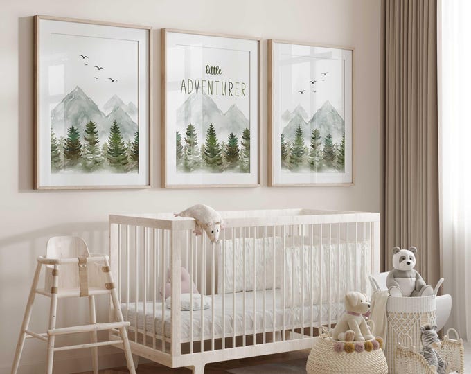 Mountain Nursery Decor, Little Adventurer nursery wall art prints, mountain nursery prints, Adventure Nursery print, Forest Nursery Wall Art