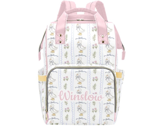 Personalized cute duck pattern Backpack Diaper Bag, Pink Duck Diaper Bag, Baby Girl Diaper Bag, Baby Shower Gift, Personalized Diaper Bag