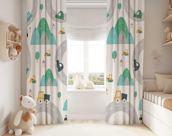 Cars and Trucks Nursery Window Curtains, Transportation Nursery Window Curtains, Baby Boy Nursery Drapes, Kids Mountain village Curtains