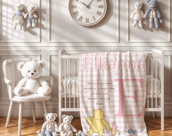 Personalized Winnie the Pooh Baby Blanket | Winnie the Pooh Bear Nursery Theme | Pink Baby Blanket | Baby Girl Pooh Crib Blanket | Baby Gift