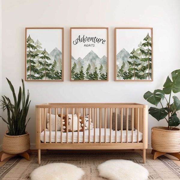 Mountain forest nursery wall decor, Adventure theme nursery, woodland prints, woodland nursery decor, mountain nursery decor, forest Nursery