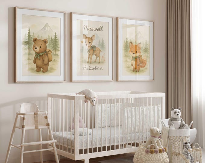 Custom woodland explorer nursery prints - Bear, Deer and Fox wall art - Personalized Baby Name Forest Animal Set - Rustic Adventure Nursery
