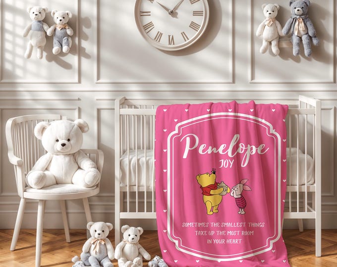 Personalized Winnie the Pooh Baby Blanket | Winnie the Pooh Bear Nursery Theme | Pink Baby Blanket | Baby Girl Pooh Crib Blanket | Baby Gift