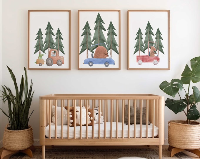 Car Nursery Print Set, Woodland nursery, Whimsical Animal prints, set of 3 prints, Forest tree prints, animals on race cars, boy nursery art