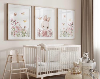 Conjunto de láminas para guardería de conejos y flores silvestres: decoración floral rosa para niña