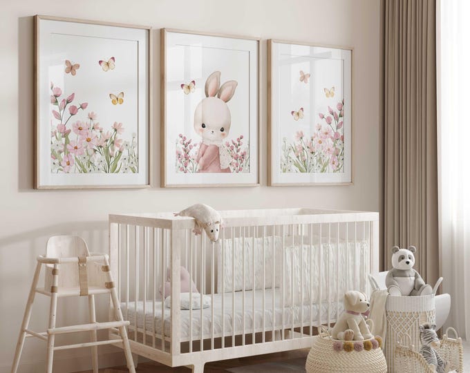 Bunny in the Garden nursery wall decor, Wildflower nursery prints, Pink Floral Nursery Decor, Set of 3 prints, Baby Girl Nursery, Baby Gift