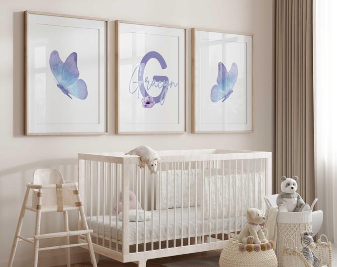 Personalized Purple Butterfly Nursery Wall Art Prints, Butterfly Nursery Decor, Purple Nursery Prints, Set of 3 Baby Girl Prints, Butterfly