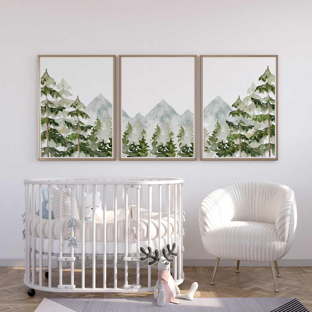 Mountain Nursery Wall Art Prints Set of 3 Green Mountain and Pine Trees ...